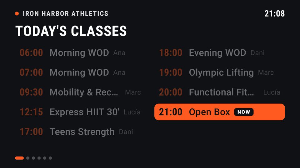 Today's classes on the TV, with the class running now highlighted