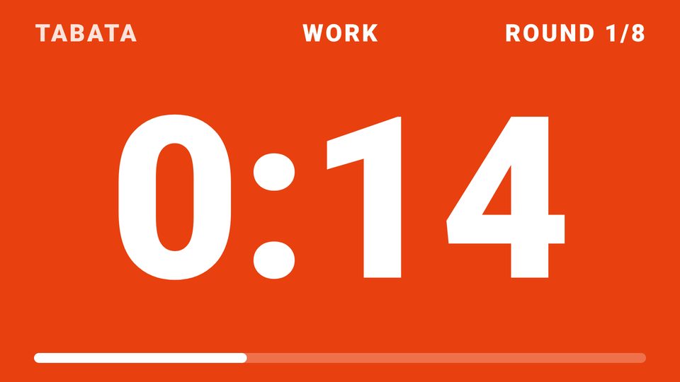 Tabata timer on the TV: WORK, round 1 of 8, 0:14 left